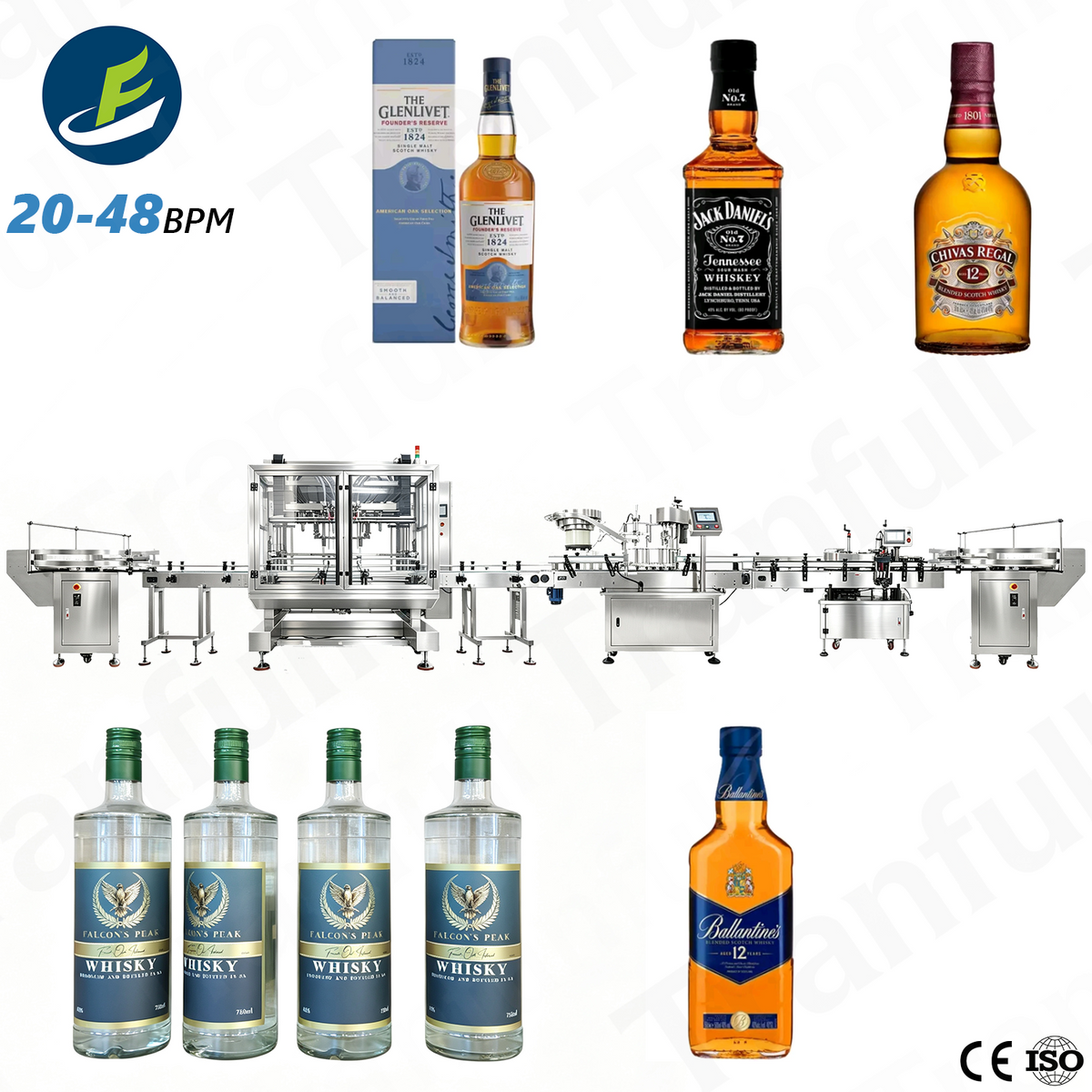 Automatic whiskey bottling line 20-48 BPM for whisky and spirits glass bottles - Tranfull