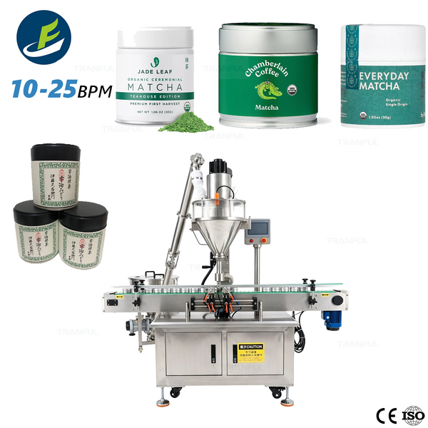 Matcha tea powder auger filling machine with containers overview - Tranfull