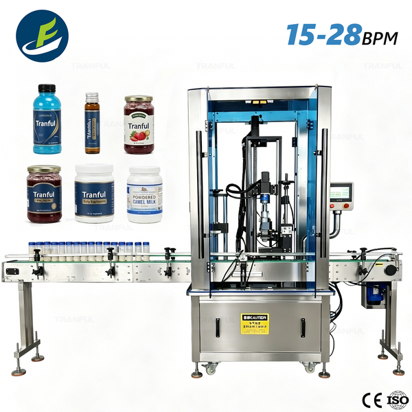 Single head servo capping machine with bottles overview - Tranfull