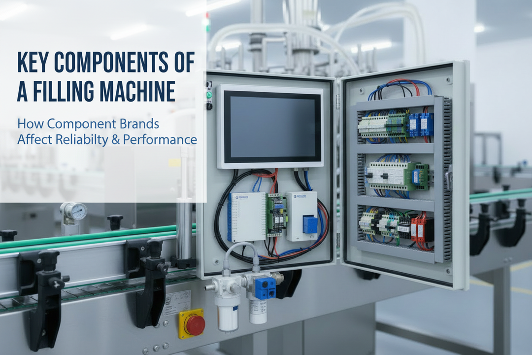 Key filling machine components including PLC, HMI, pneumatic cylinders and sensors | Tranfull