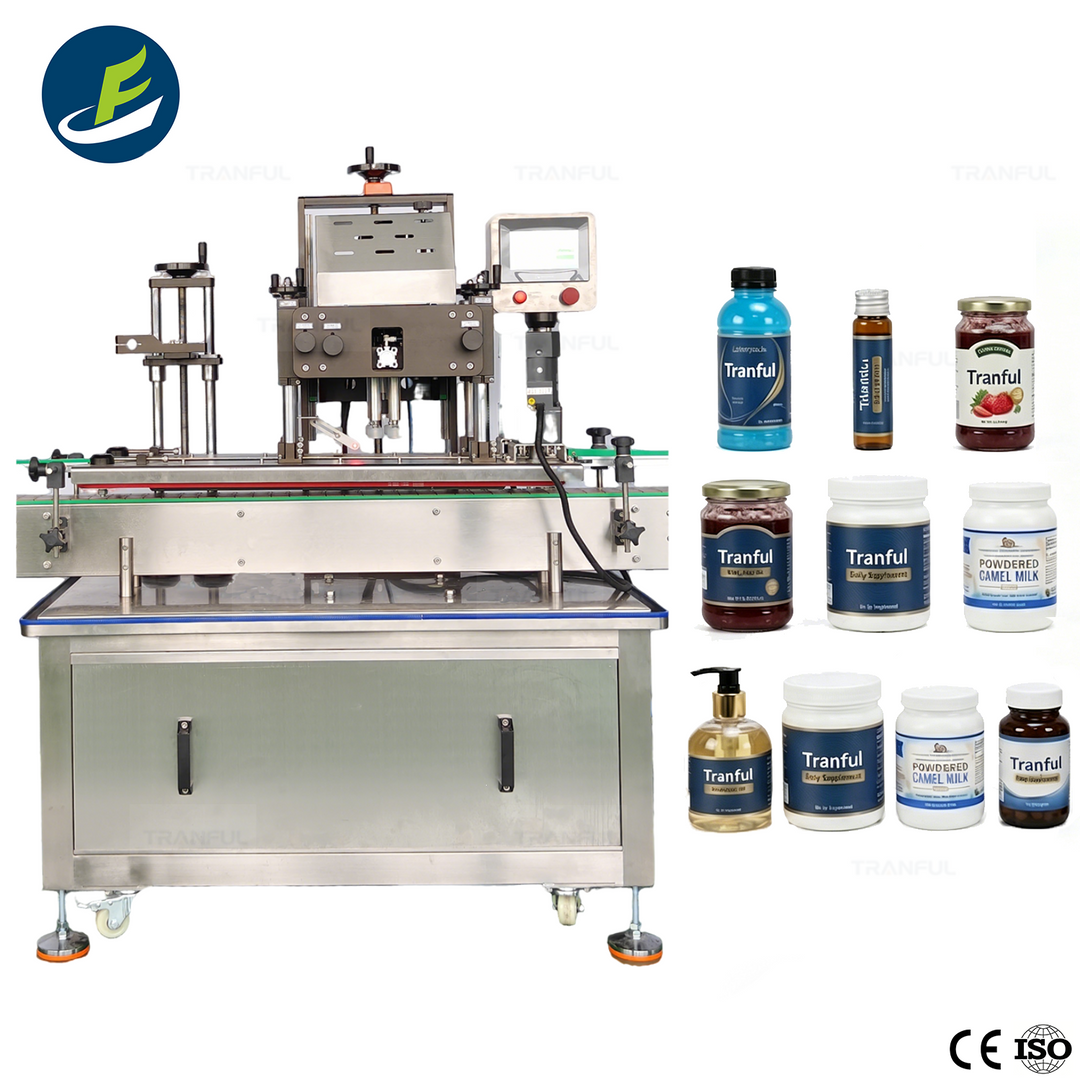 4-Wheel Capping Machine with bottles - Tranfull automatic rotary capper