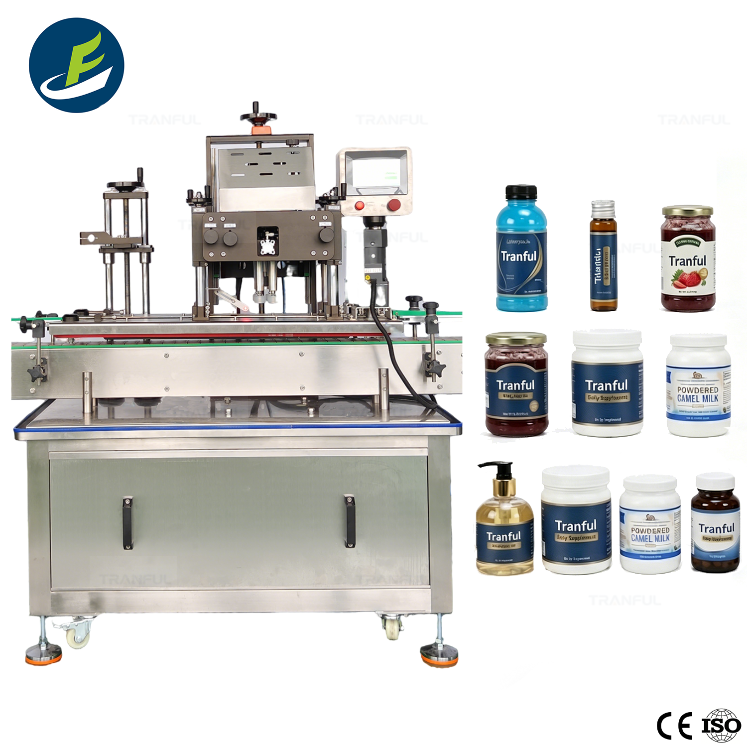 4-Wheel Capping Machine with bottles - Tranfull automatic rotary capper