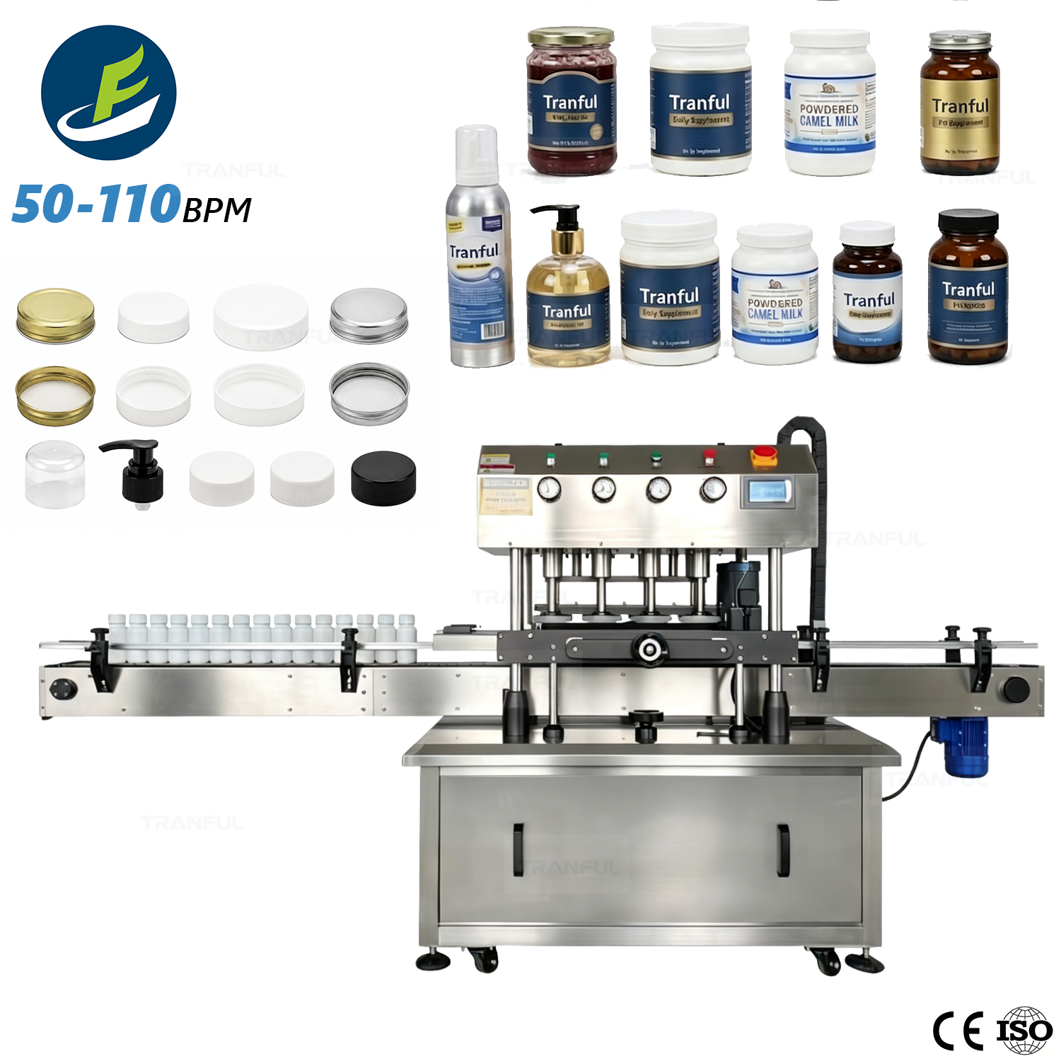 Automatic bottle capping machine SO-110 with rotary cap tightener - Tranfull