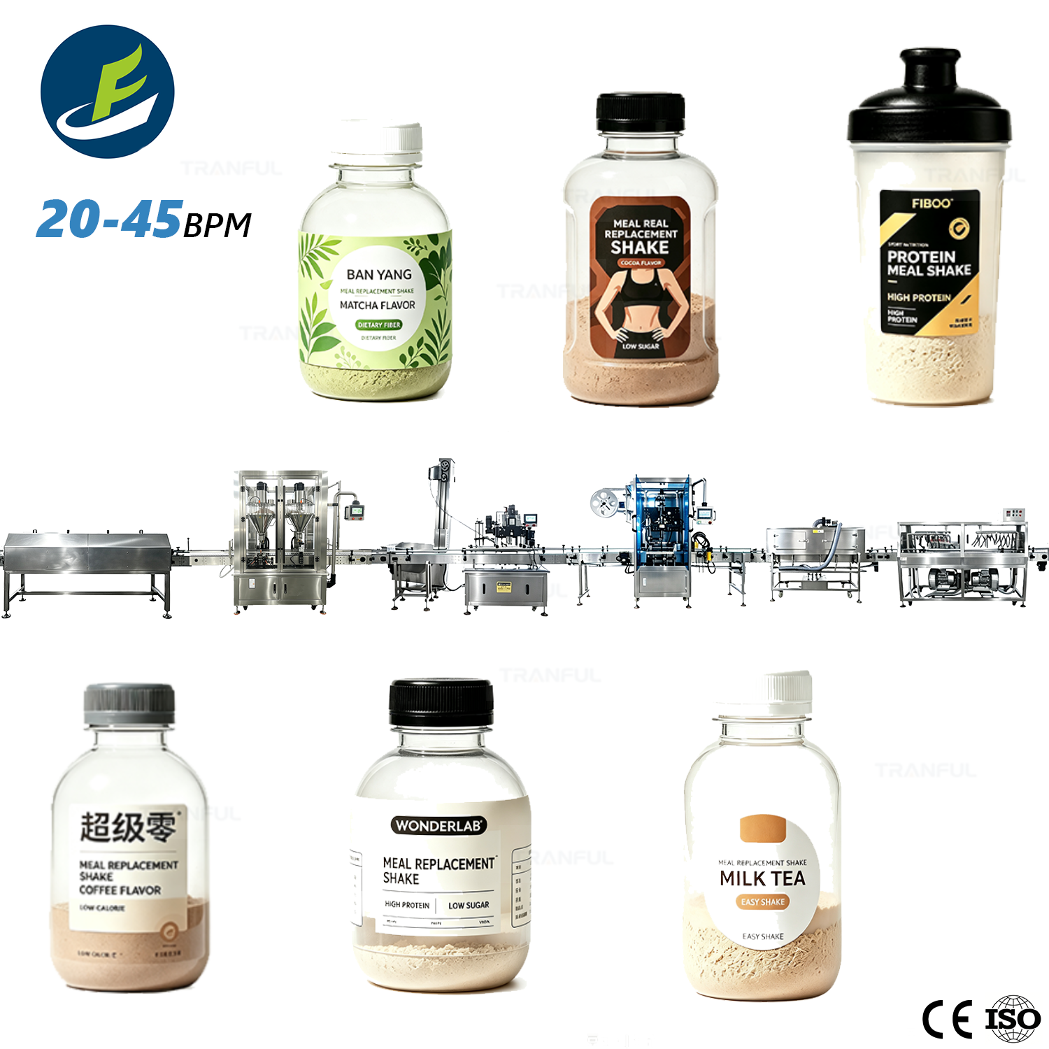 Automatic meal replacement powder bottling line 20-45BPM with applicable products - Tranfull