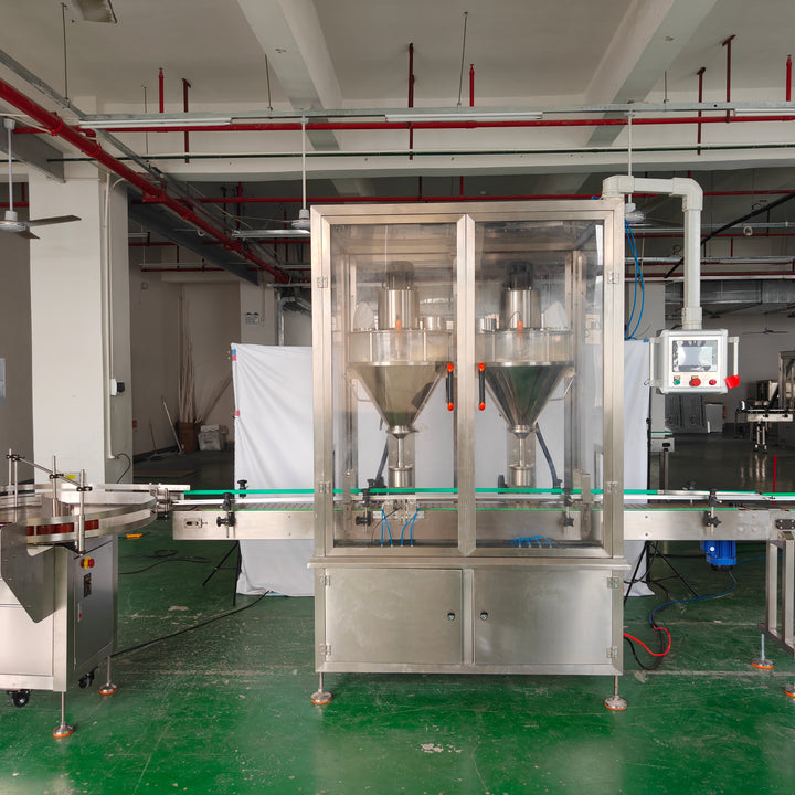 Dual-head powder filler conveyor and filling station - Tranfull