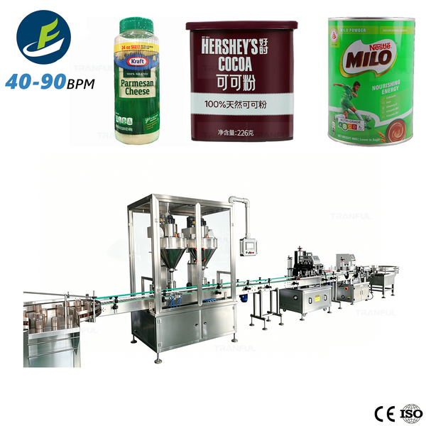 High-speed dual-head powder filling line for cocoa milk powder 40-90BPM CE ISO - Tranfull