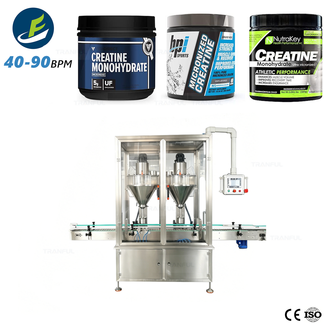 High-speed dual-head powder filling machine for creatine monohydrate 40-90BPM CE ISO - Tranfull