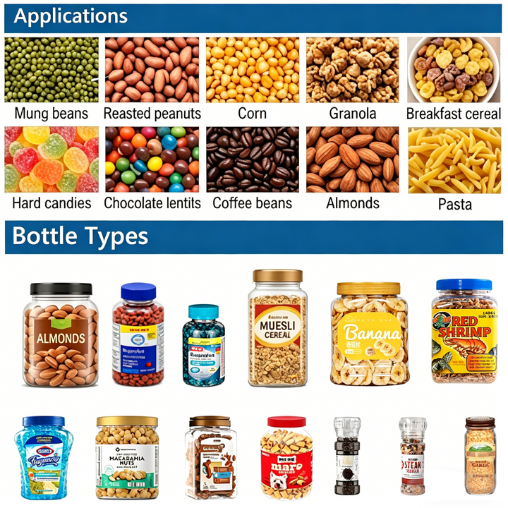 Image showing various applications and bottle types for automatic jar and bottle filling machines. Suitable for filling mung beans, roasted peanuts, corn, granola, breakfast cereals, hard candies, chocolate lentils, coffee beans, almonds, pasta, and other granular products into different jars, plastic bottles, glass containers, spice shakers, and more. Widely used in food, snack, and beverage packaging lines for high-efficiency packaging solutions.